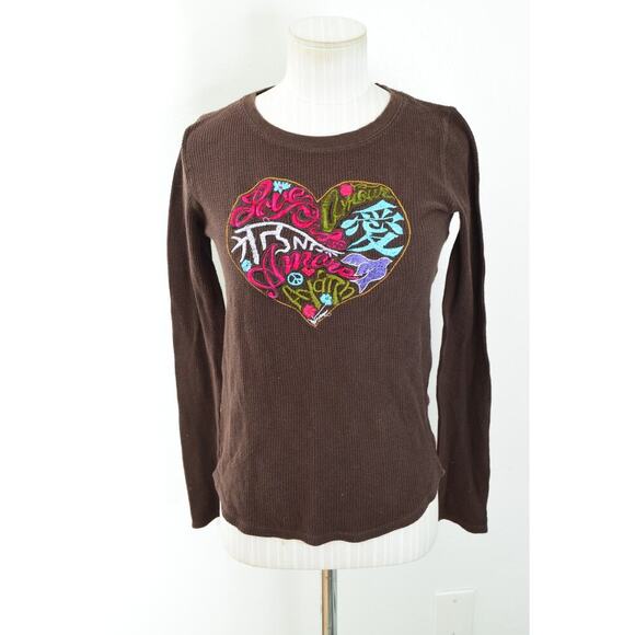 Vtg Y2K Lucky Brand Shirt Womens S Brown Embroidered Heart Graphic LS Thermal - Picture 1 of 5
